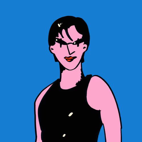 A pop art style illustration of a woman with pink skin, dark hair, a black sleeveless top, and red lips set against a bright blue background.