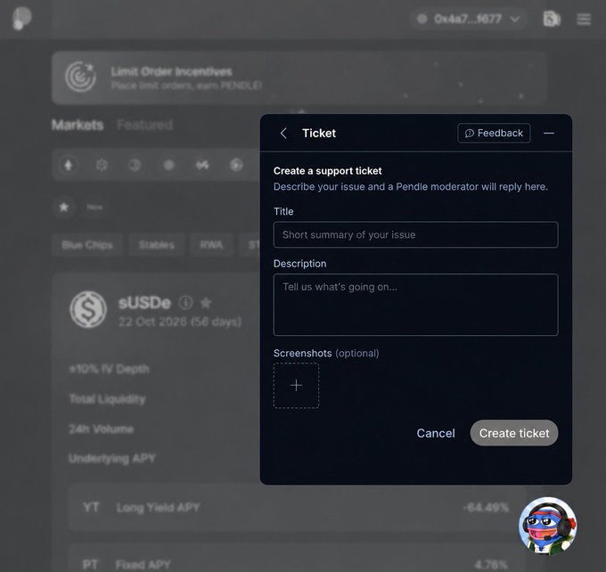Screenshot of a 'Create a support ticket' modal on the Pendle finance platform, showing fields for title, description, and optional screenshots, over a background displaying the sUSDe market.