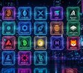 A grid of glowing cryptocurrency symbols is displayed, representing the 16 digital commodities classified in the SEC and CFTC's joint interpretive guidance, including XRP, AVAX, ADA, APT, DOGE, LTC, SHIB, HBAR, and ALGO.