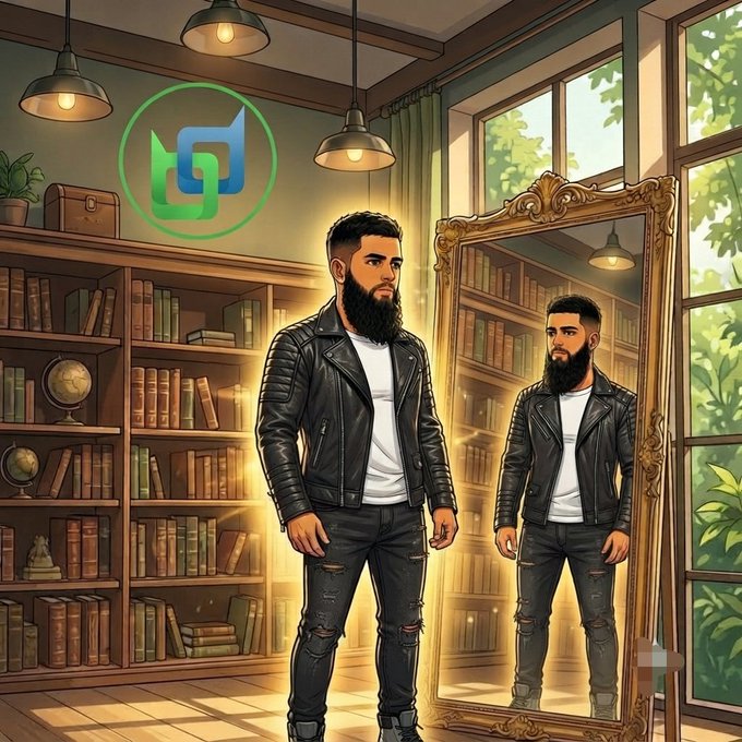An illustrated bearded man in a black leather jacket stands in a library with bookshelves and a mirror, featuring a green and blue logo in the upper left corner.