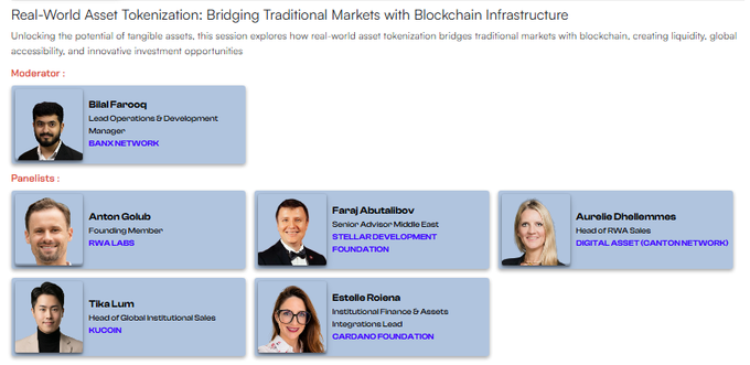 A session panel listing titled 'Real-World Asset Tokenizer: Bridging Traditional Markets with Blockchain Infrastructure' featuring moderator Bilal Farooq (BANK NETWORK) and panelists Anton Golub (RWA LABS), Faraj Abutalibov (STELLAR DEVELOPMENT FOUNDATION), Aurelia Ghilemmas (DIGITAL ASSET @ ANTONY NETWORK), Tikus Lum (NUCON), and Estelle Rolena (CARDIANO FOUNDATION).