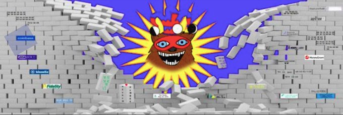 The image depicts a 3D rendering of a brick wall being broken apart by an explosive burst, revealing a cartoonish sun-like character with a wide grin and bulging eyes emerging from the center, alongside various sponsor logos like BlueWallet, CoinCorner, BTCPay Server, and Foldapp. The crumbling wall symbolizes the post's message about people breaking free from the "shackles" of traditional monetary control through decentralized Bitcoin communication and community.