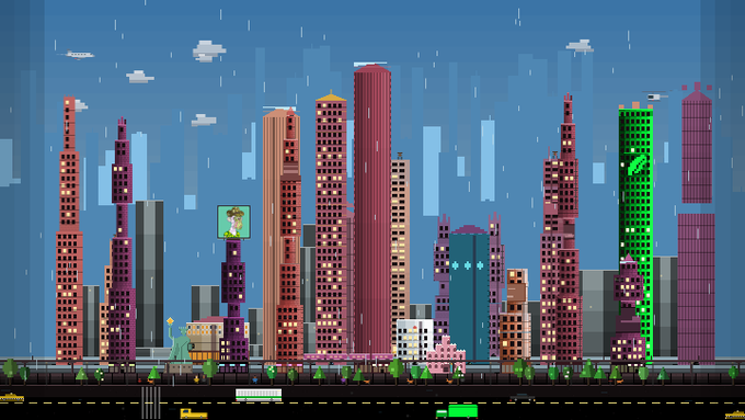 Pixel art depicting a rainy cityscape with tall, varied skyscrapers, glowing windows, and pixelated rain falling against a dark blue sky.