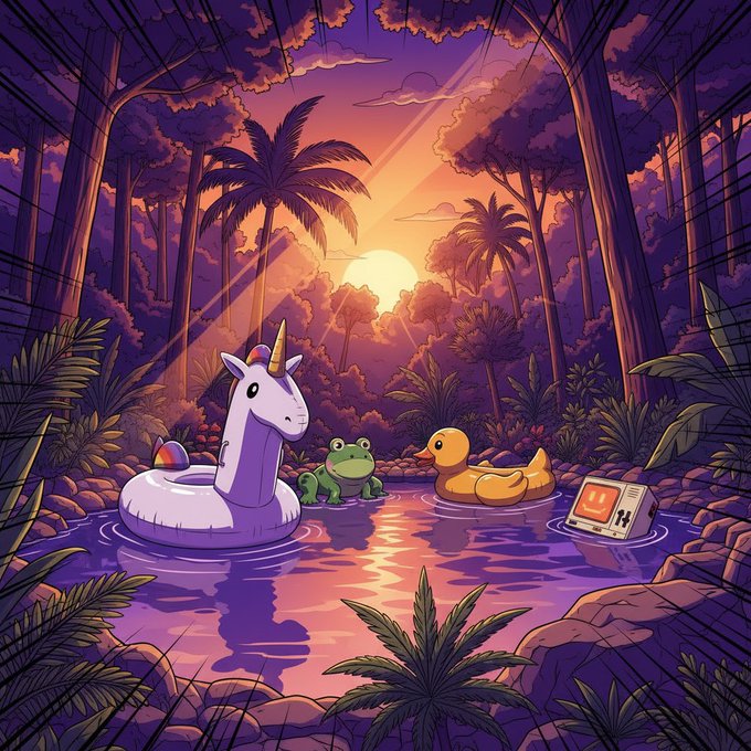 A whimsical sunset jungle scene features a unicorn pool float, a frog, a rubber duck, and a small robot floating in a tropical pool, directly reflecting the "$POOLBOT" meme token's playful, pool-themed branding from the launchpad announcement.