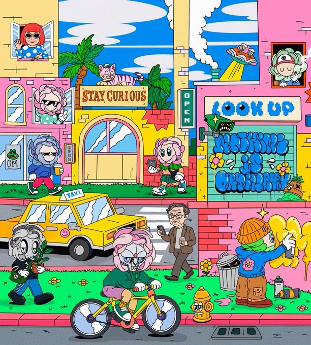 A vibrant, colorful cartoon street scene featuring various characters, a yellow taxi, a cat on a sign reading 'STAY CURIOUS', a UFO, and graffiti that says 'LOOK UP' and 'LIFE IS BETTER WITH FRIENDS'.