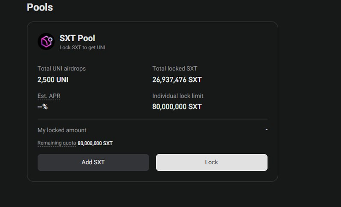 The image shows the PoolX "SXT Pool" interface on Bitget, displaying 2,500 UNI airdrops, 26,937,476 SXT total locked, and an 80,000,000 SXT lock limit, with options to add SXT or lock tokens. This relates to the post by illustrating the locking interface used to earn SXT airdrops by staking assets like BTC through Bitget's PoolX platform.