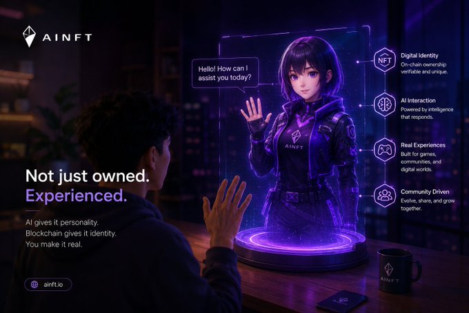 AINFT promotional graphic showing a holographic AI character saying "Hello! How can I assist you today?" with bullet points highlighting NFT features like Digital Identity and AI Interaction.