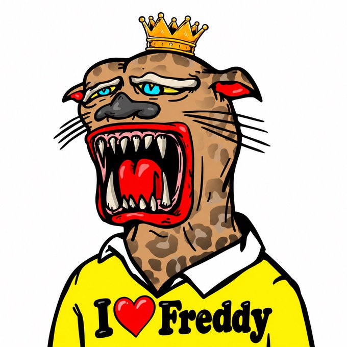 A cartoon illustration of a roaring leopard-like creature with a crown on its head, wearing a yellow shirt that reads 'I ❤️ Freddy'.
