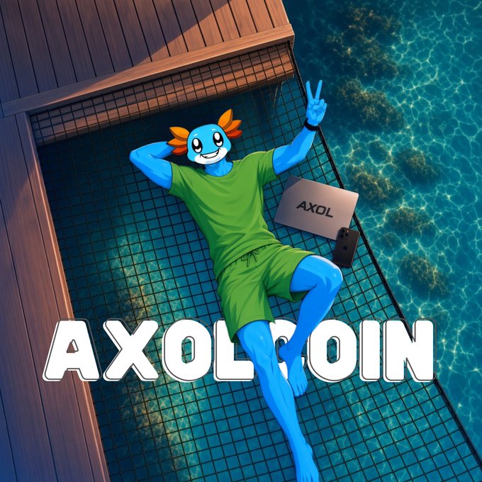 Illustration of a blue axolotl mascot character in green clothing lounging by a pool with a laptop displaying 'AXOL' and the text 'AXOLROIN' at the bottom.