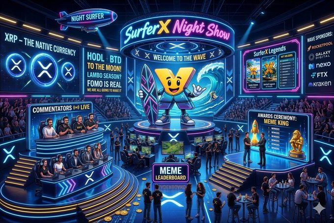 A vibrant, neon-lit digital illustration of a 'SurferX Night Show' event featuring a mascot with a surfboard, surrounded by crypto-themed screens displaying 'XRP - THE NATIVE CURRENCY', 'HODL BTD TO THE MOON', 'SurferX Legends', 'Awards Ceremony: Meme King', and a 'Meme Leaderboard'.