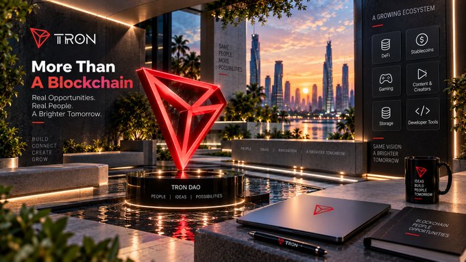 Promotional banner for TRON blockchain featuring a glowing red TRON logo, a cityscape at sunset, and branding 'More Than A Blockchain - Real Opportunities. Real People. A Brighter Tomorrow.' with an ecosystem of DeFi, Gaming, Storage, Stablecoins, Content, and Developer Tools.