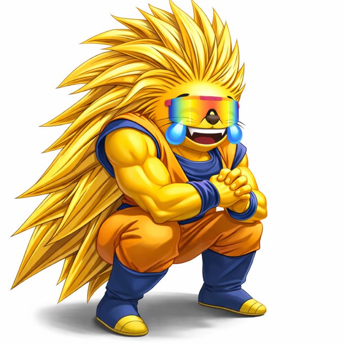 A muscular yellow creature with long golden spiky hair and rainbow-colored sunglasses crouches in a power pose wearing an orange and blue martial arts outfit. The character's enthusiastic, excited stance and bold vibe playfully mirror the bullish optimism conveyed in the post about the $MOG chart looking strong.