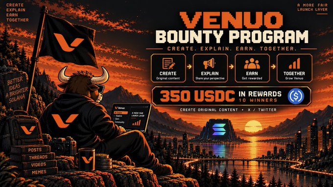 A promotional graphic for the "Venuo Bounty Program" advertises a 350 USDC reward pool for creators on X/Twitter who produce original content explaining Venuo's model, featuring a hooded figure with a bull mask overlooking a futuristic Solana landscape, with four steps—Create, Explain, Earn, Together—outlined.