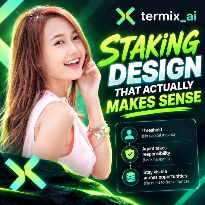 An advertisement for termix_ai featuring 'STAKING DESIGN THAT ACTUALLY MAKES SENSE' with a woman in pink and bullet points about threshold and agent responsibility.