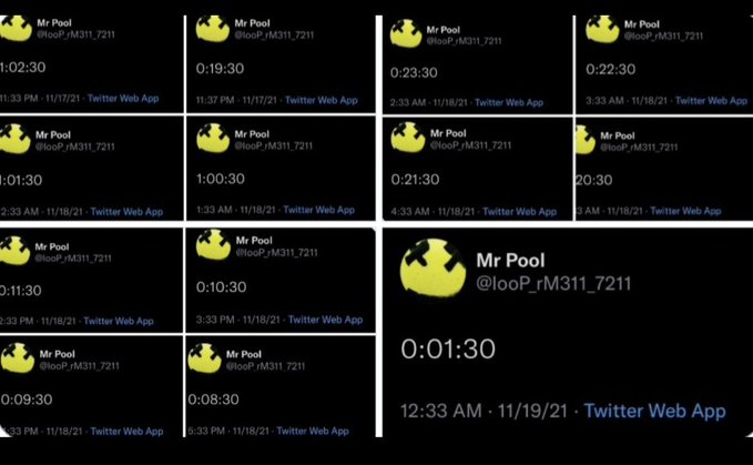 A series of Twitter screenshots from "Mr Pool @looP_rM311_7211" showing countdown timers decreasing from 1:02:30 down to 0:01:30, all posted on November 18-19, 2021, building anticipation toward "Countdown to liftoff."