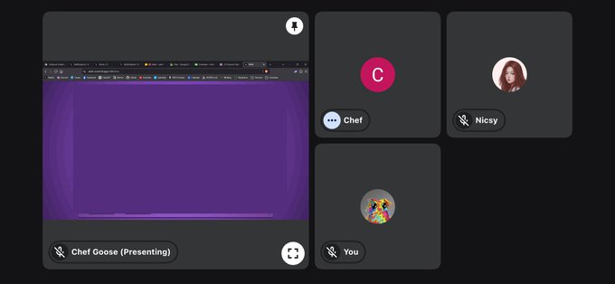 A screenshot of a video call interface with four participants: 'Chef Goose (Presenting)' sharing a purple screen, along with 'Chef', 'Nicsy', and 'You'.