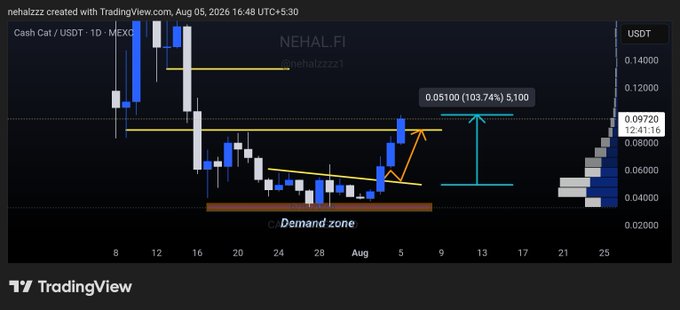 A TradingView chart of Cash Cat / USDT (CASHCATUSDT) on MEXC shows a 1D candlestick breakout from a marked "Demand zone," with annotations highlighting a 103.74% gain (0.05100) from the call and a projected target near 0.09720 (12.41.16) representing further upside. The image visually supports the post's claim of a 100%+ profit in 48 hours and the author's bullish target for another 150%+ move.