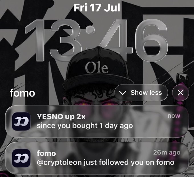 A phone screenshot from the 'fomo' app showing the date 'Fri 17 Jul, 13:46' with notifications that 'YESNO up 2x' and '@cryptoleon just followed you on fomo', over a dark illustrated background.