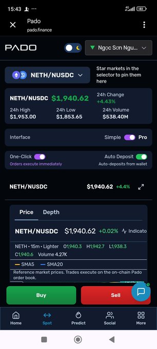 A mobile screenshot of the 'Pado finance' app showing the NETH/NUSDC trading pair at $1,940.62 with a 24h change of +4.43% and 24h volume of $538.40M, featuring Buy and Sell buttons.