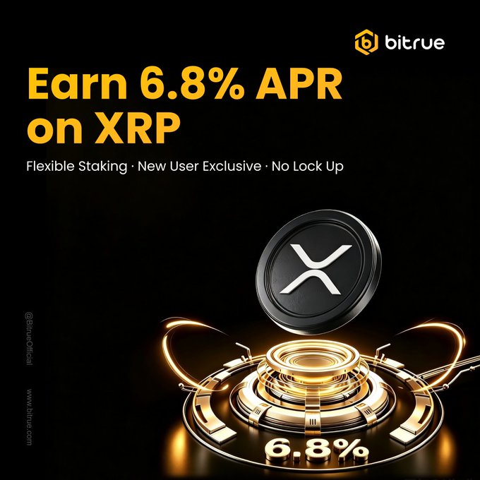A promotional advertisement from Bitrue featuring a black XRP coin hovering above a glowing gold pedestal, with the text "Earn 6.8% APR on XRP" and "Flexible Staking · New User Exclusive · No Lock Up" highlighting their new user staking offer that matches the post's call-to-action for flexible 60-day rewards.