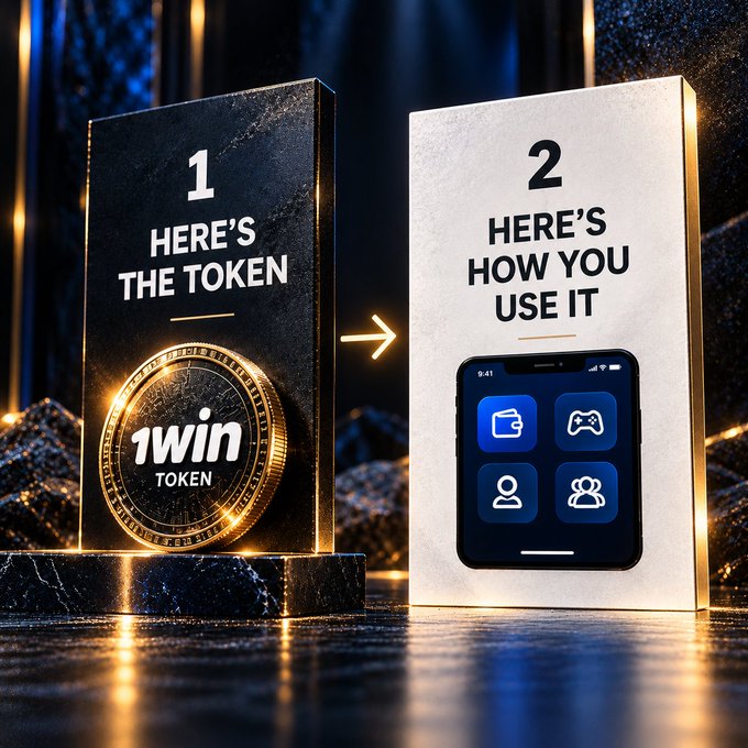 A promotional graphic shows two panels: '1 HERE'S THE TOKEN' featuring a 1win Token coin, and '2 HERE'S HOW YOU USE IT' displaying a smartphone with app icons.