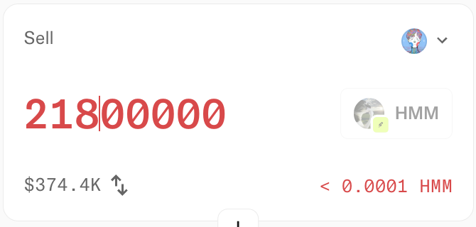 A sell order of 218,000,000 HMM displayed with a current value of $374.4K, illustrating the post about owning 21.8 million HMM tokens that have appreciated to nearly $375K in value.