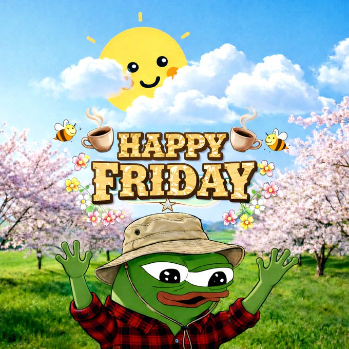 A cheerful "HAPPY FRIDAY" graphic featuring a smiling cartoon sun, bees, coffee cups, and flowers, with Pepe the Frog wearing a bucket hat and red plaid shirt in the foreground against a backdrop of cherry blossom trees.
