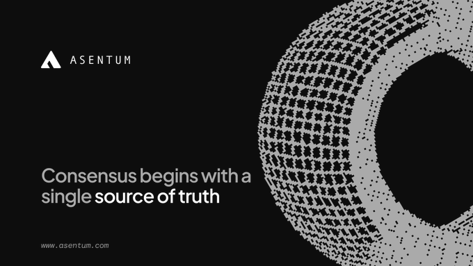 Black promotional graphic for Asentum featuring a 3D wireframe sphere and the tagline 'Consensus begins with a single source of truth' alongside www.asentum.com.