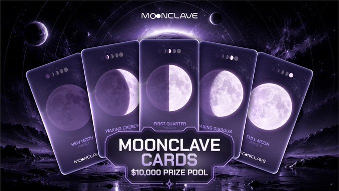 Promotional graphic for Moonclave Cards showing five moon phase cards (New Moon, Waxing Crescent, First Quarter, Waxing Gibbous, Full Moon) with a $10,000 Prize Pool, set against a cosmic purple background.