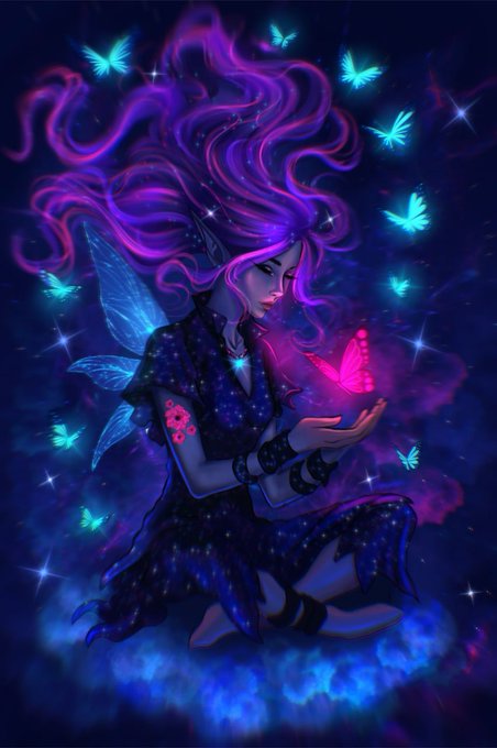 A digital illustration of a fairy with flowing purple hair, translucent wings, and a galaxy-patterned dress, holding a glowing pink butterfly amidst neon butterflies.