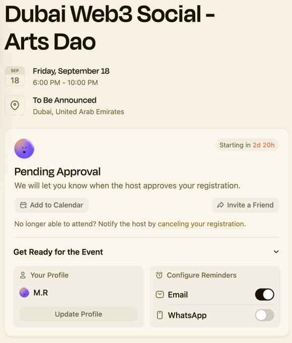 A screenshot of an event registration page titled 'Dubai Web3 Social - Arts Dao' scheduled for Friday, September 18, showing a 'Pending Approval' status for user M.R.