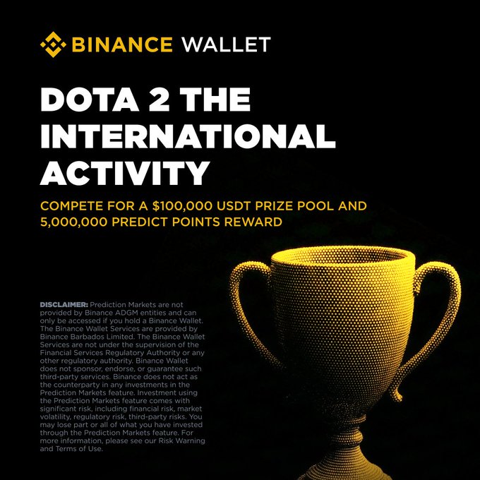 A Binance Wallet promotional graphic for the "Dota 2 The International Activity" featuring a golden trophy and announcing a $100,000 USDT prize pool and 5,000,000 Predict Points reward, with details on how to participate in the prediction markets competition.
