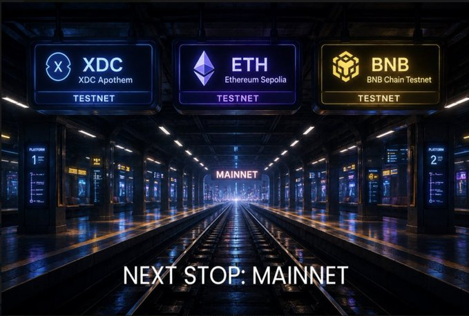 A futuristic neon-lit train station scene labeled "NEXT STOP: MAINNET," with signs for XDC (XDC Apothem TESTNET), ETH (Ethereum Sepolia TESTNET), and BNB (BNB Chain Testnet TESTNET), and a "MAINNET" sign down the tracks.