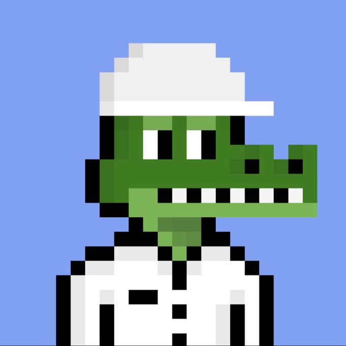 Pixel art character resembling a crocodile or alligator wearing a white fedora and white shirt against a blue background.