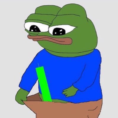 A cartoon frog character with big eyes, wearing a blue shirt, holding a green pencil, with a crude meme-like art style.