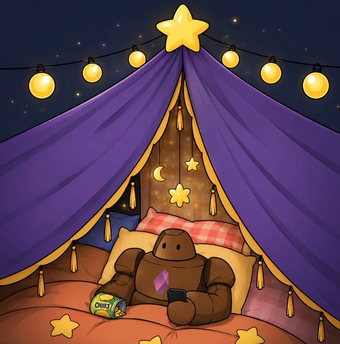 An illustration of a brown robot plushie with a purple gem on its chest relaxing in a purple tent under a starry sky with string lights, surrounded by star decorations and a can labeled CHIBZ.