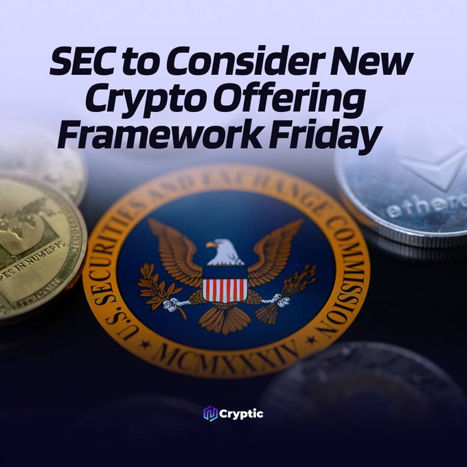 The image features the U.S. Securities and Exchange Commission (SEC) seal surrounded by physical cryptocurrency coins, including Bitcoin and Ethereum, with bold text reading "SEC to Consider New Crypto Offering Framework Friday." This visual reinforces the post's news about the SEC's upcoming review of a new regulatory framework for digital asset issuance under its "Regulation Crypto" agenda.