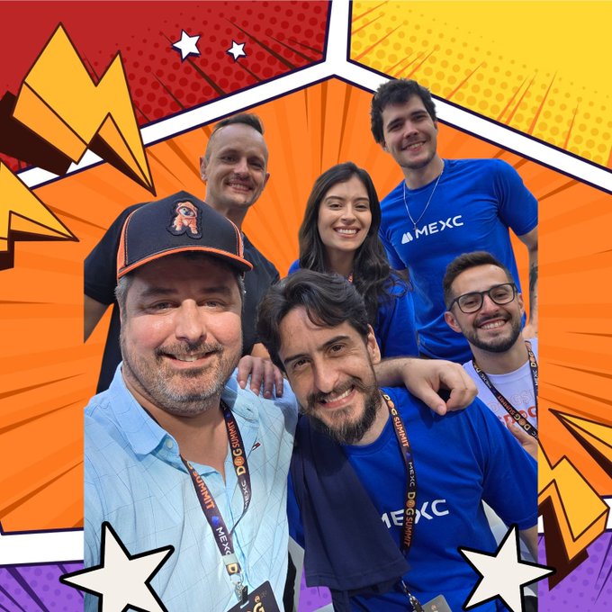 The image features a group of six men wearing blue shirts with "MEXC" written on them. They are posing for a photo together, smiling and looking at the camera. The background of the photo has a comic book style design with orange and yellow colors, stars, and lightning bolts. The caption to the image reads: "Hey @LeonidasNFT, send $Dog to @HTX_Global".
