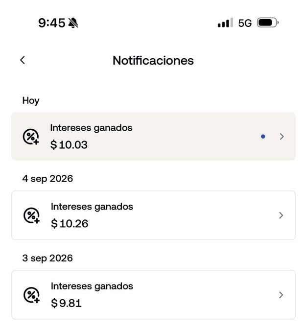 A phone screenshot displays a "Notificaciones" (Notifications) screen showing daily interest earned ("Intereses ganados") from Nexo: $10.03 today, $10.26 on 4 sep 2026, and $9.81 on 3 sep 2026. This illustrates how users earn passive daily interest on their holdings through the Nexo platform, as highlighted in the accompanying post.