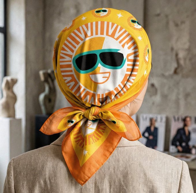 A person wearing a beige blazer is seen from behind, wearing a bright yellow and orange headscarf patterned with a smiling sun face wearing teal sunglasses.