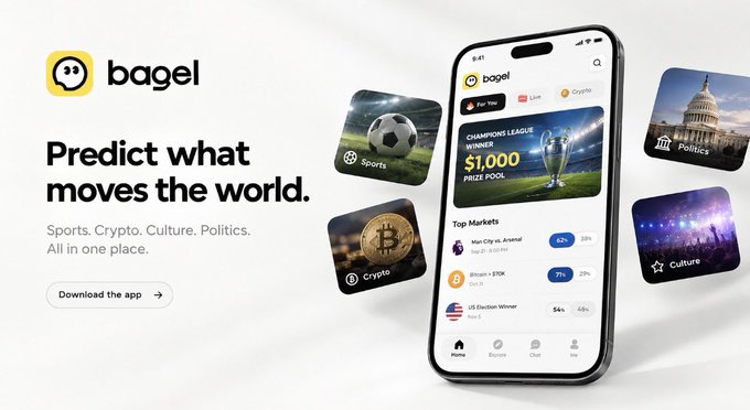 A promotional banner for "Bagel" — a mobile prediction-market app featuring the tagline "Predict what moves the world" — shows a smartphone interface highlighting $1,000 Champions League Winner, US Election Winner, and Bitcoin/Animal markets, with floating category tiles for Sports, Politics, Crypto, and Culture. The image directly addresses the poster's frustration by showcasing a clean, mobile-first design as an alternative to the cluttered, desktop-heavy trading platforms they've tried.