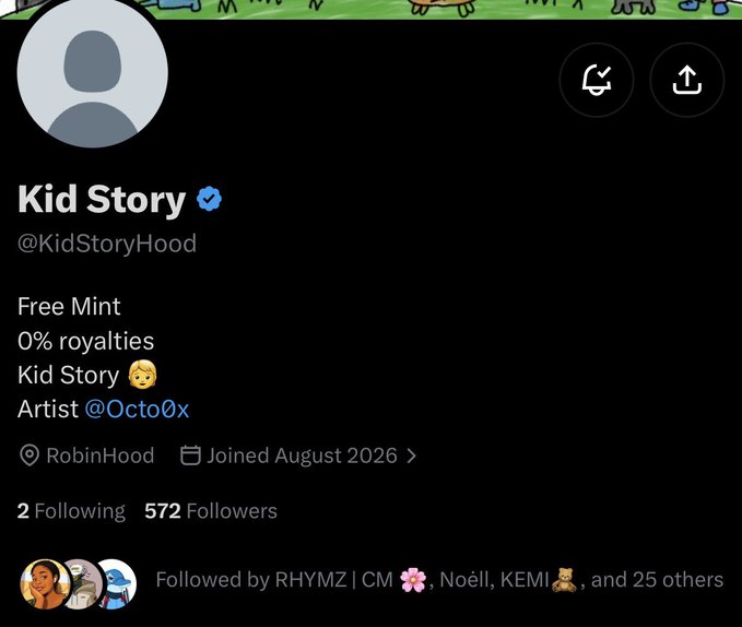 A Twitter/X profile for 'Kid Story' (@KidStoryHood) with bio text 'Free Mint / 0% royalties / Kid Story / Artist @Octo0x' and 572 Followers.