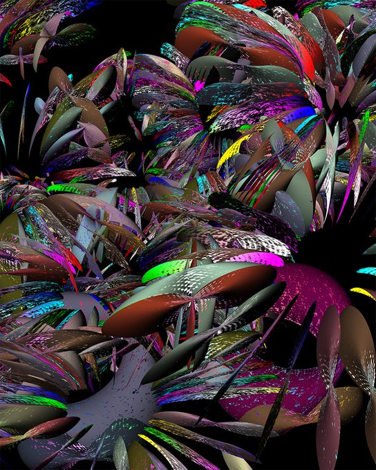 A dense, chaotic digital artwork featuring colorful, spiky, leaf-like or shell-like forms overlapping against a black background.