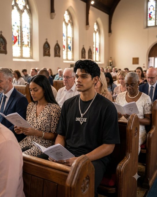 Inside a church with stained glass windows, people sit in wooden pews holding hymn sheets; a young man in the center wears a black t-shirt with 'DREXMIE' printed on it.
