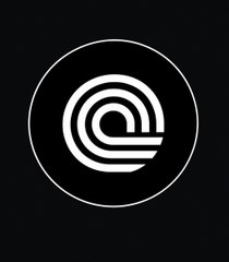 A minimalist logo featuring a white circular design with curved lines resembling the letter 'e' on a dark grey background.