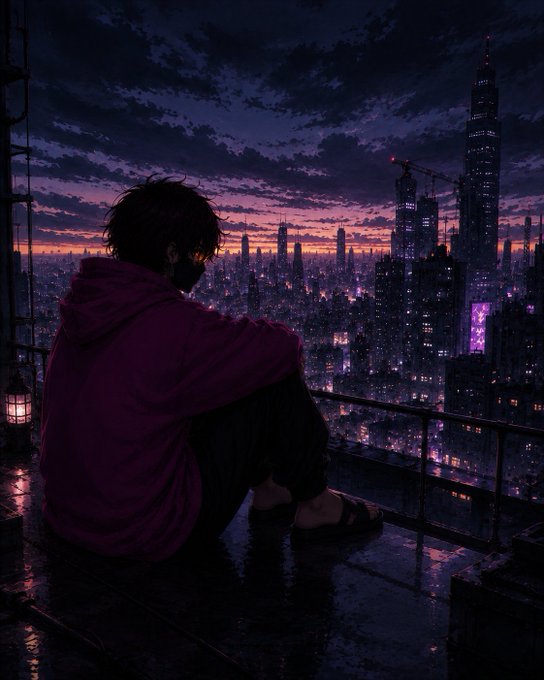 An anime-style person in a red hoodie sits on a wet rooftop at dusk, overlooking a glowing futuristic city skyline.