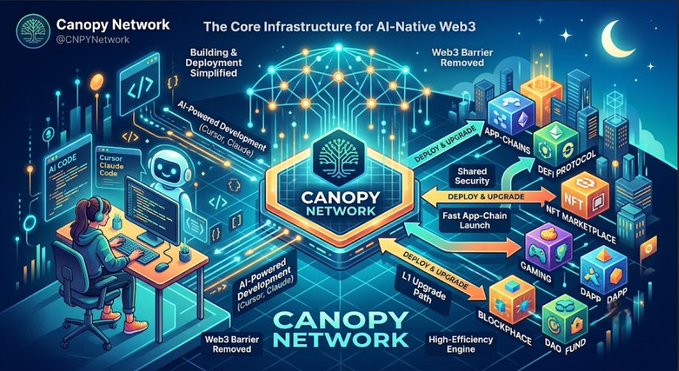 An infographic titled "Canopy Network - The Core Infrastructure for AI-Native Web3," illustrating components like AI-Powered Development, Fast App-Chain Launch, NFT Marketplace, Gaming, and DeFi Protocol.