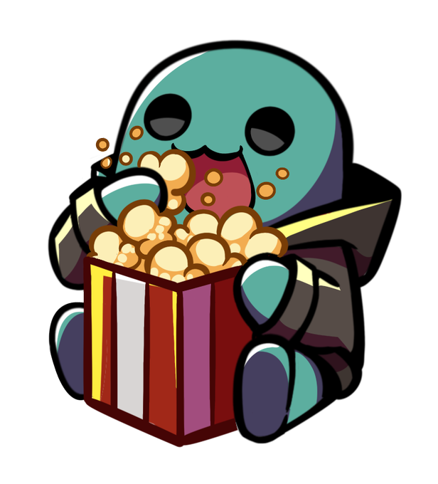 A cartoon illustration of a smiling, teal-colored character eating a large bucket of popcorn.