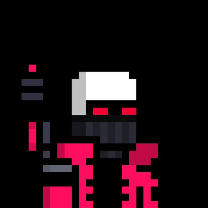 A pixel art image depicting a blocky figure with a white hat and red/pink body against a black background.