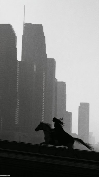 A silhouetted rider on horseback gallops across a ledge with a hazy city skyline of tall skyscrapers in the background, photographed in black and white.